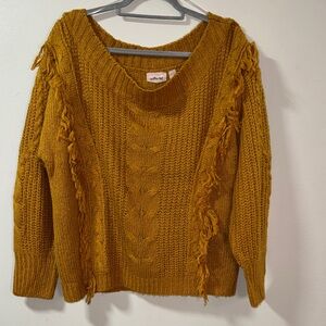 Willow & Root Cozy Mustard Sweater with Fringe Details XL & boat neck knit 6146